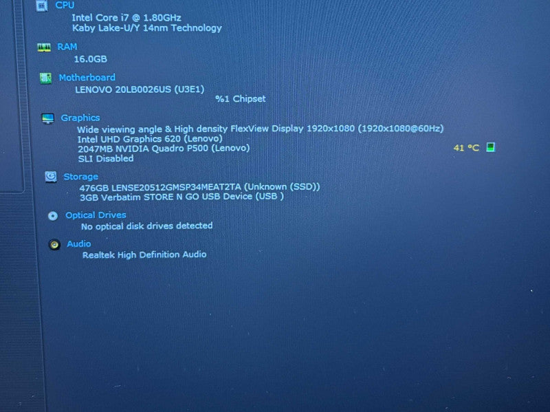 Lenovo ThinkPad P52s i7-8550U@1.8GHz QUADRO P500 2GB GPU 16GB RAM 512SSD READ  Lap200