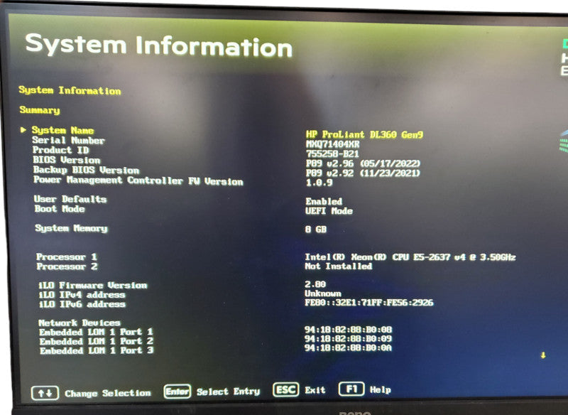 HP DL360 Gen 9 | Xeon E5-2637 v4 | 8GB DDR4 | No HDD | P440ar