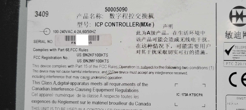 Mitel ICP Controller mxe 50005090, READ Q_