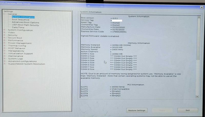 Dell Precision 5820 Tower Workstation, Xeon W-2123 3.60GHz, 16GB DDR4, No GPU