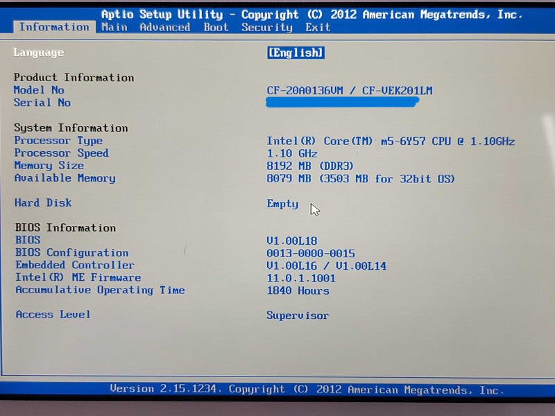 Panasonic ToughBook CF-20A0136VM| m5-6Y57| 8GB DDR3| NO SSD READ  β Lap200