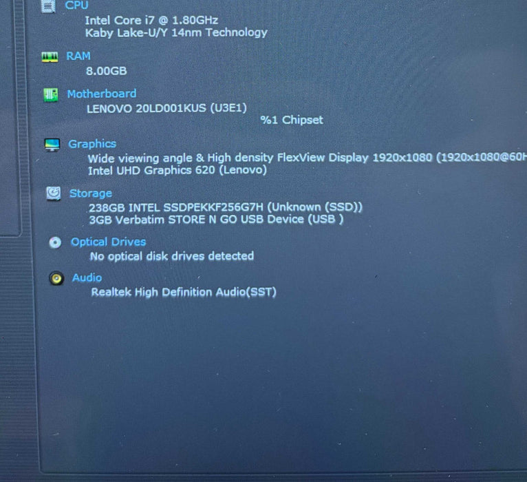 Lenovo ThinkPad X1 Yoga TOUCH i7-8550U@1.8GHz 8GB RAM 256GB SSD  Lap200