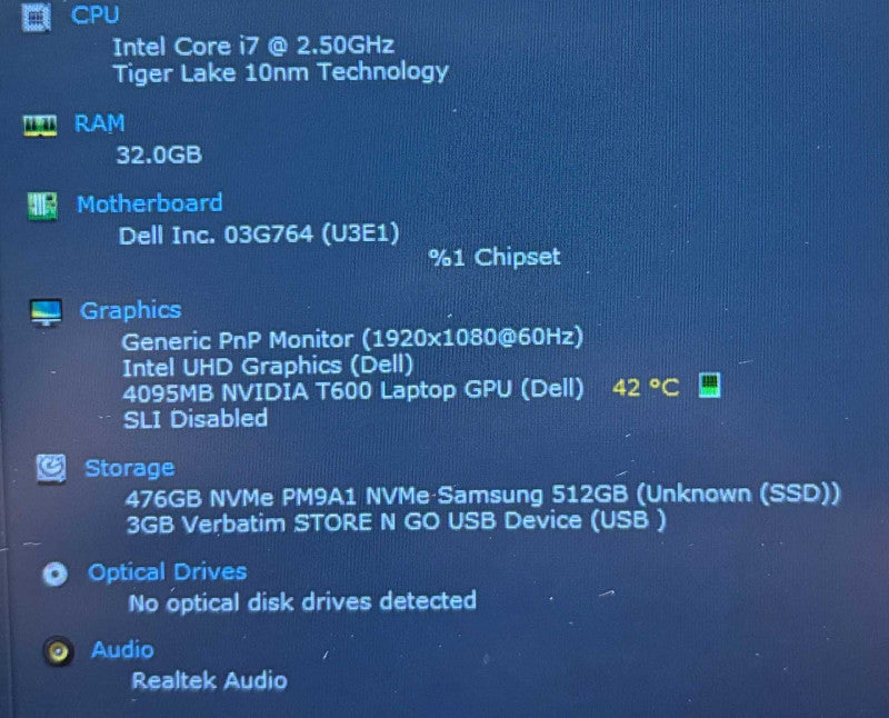 Dell Precision 3561 i7-11850H NVIDIA T6004GB GPU 32GB 512SSD No Power Adapter  Lap200