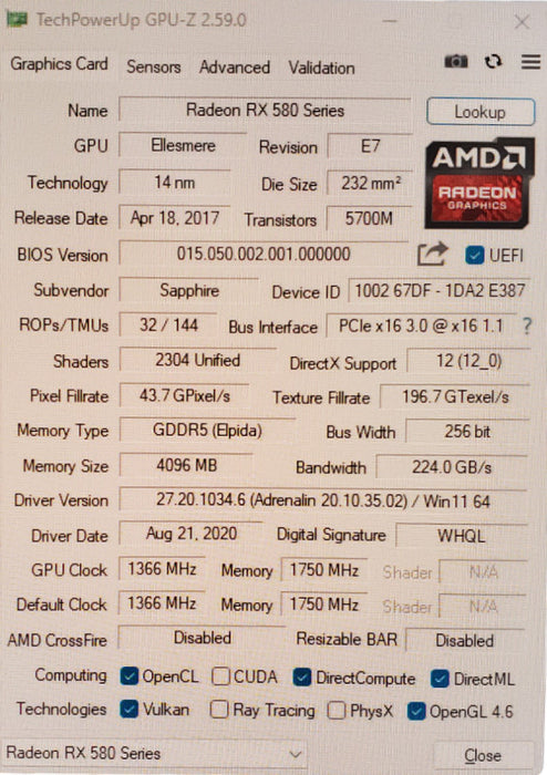 Sapphire Radeon RX 580 | 4GB GDDR5 GPU | 2xHDMI 2xDP 1xDVI