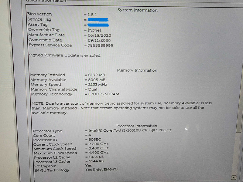 Dell Latitude 7210 2-in-1 13" | 4-Core i5-10310U @1.7GHz 8GB RAM No HD - READ