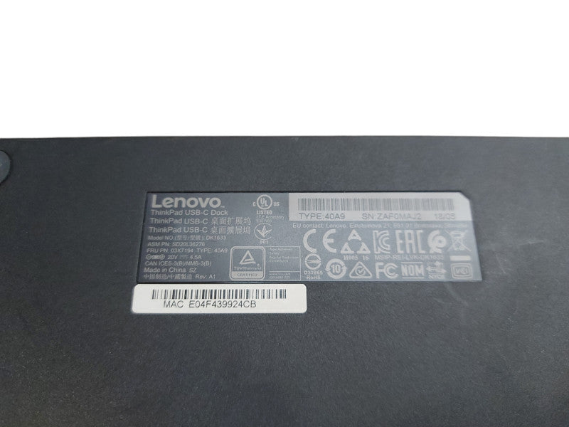 Lenovo ThinkPad USB-C Laptop Docking Station DK1633 40A9 w/ Adapter 90W