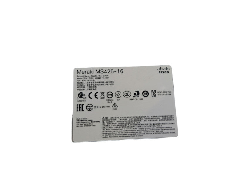 Cisco Meraki MS425-16-HW | 16-Port 10G SFP+, 2x 40GB QSFP+ Unclaimed Cloud Switch