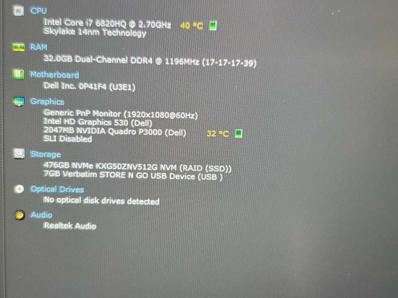 Dell Precision 7720| i7-6820HQ| 32GB DDR4| Quadro P3000| 512GB SSD  β Lap200