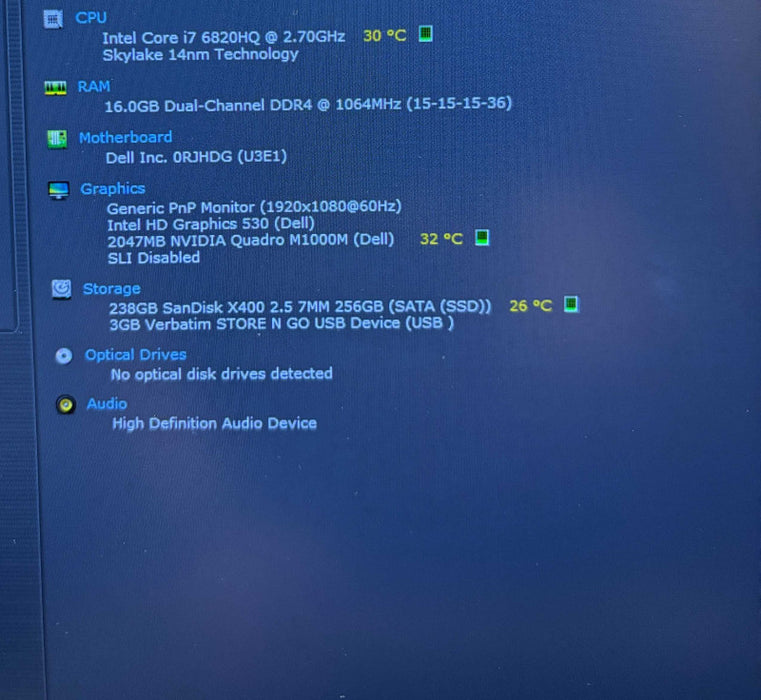 Dell Precision 7510 i7-6820HQ@2.7GHz QUADRO M1000M 2GB GPU 16GB RAM 256GB SSD  Lap200