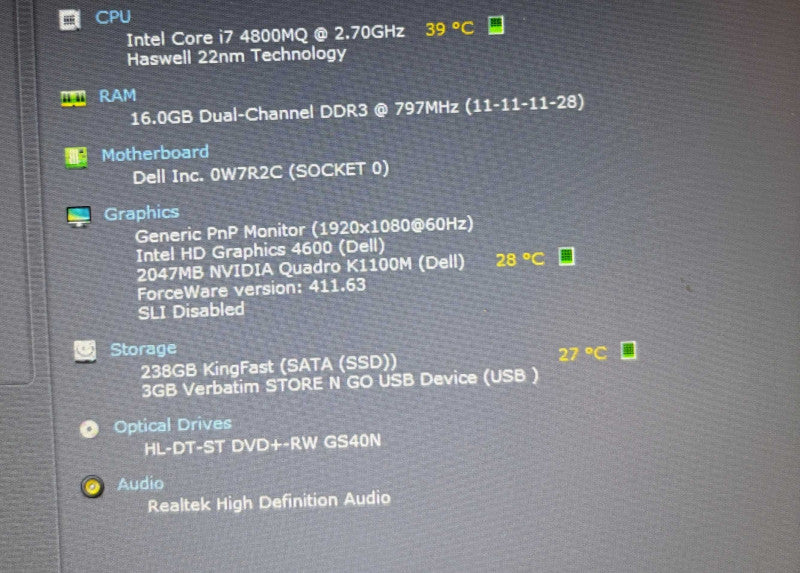 Dell Precision M4800 i7-4800MQ@2.7Gh QUADRO K1100M 2GB GPU 16GB RAM 256GB SSD  BudLap