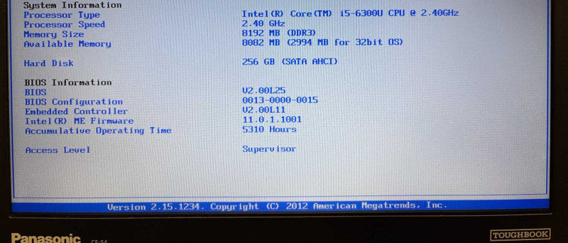 Panasonic ToughBook CF-54 i5-6300U@2.4GHz 8GB RAM 256GB SSD 5310Hrs. READ