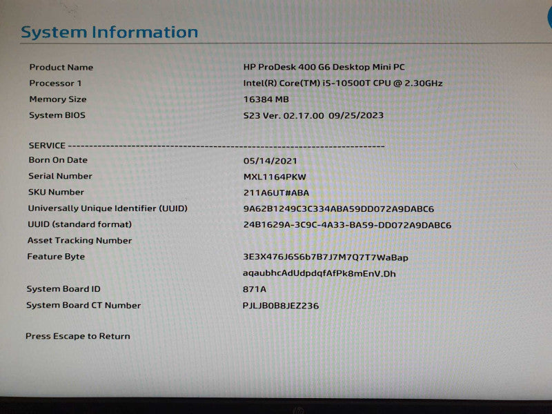 HP ProDesk 400 G6 Mini PC i5 - 10500T CPU @ 2.30GHz 16GB DDR4 Ram