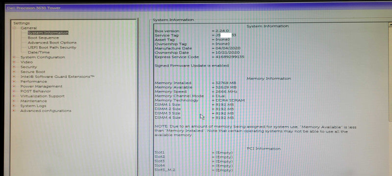 Dell Precision 3630 Tower PC, Core I9-9900K 3.6GHz, 32GB DDR4, No HDD _