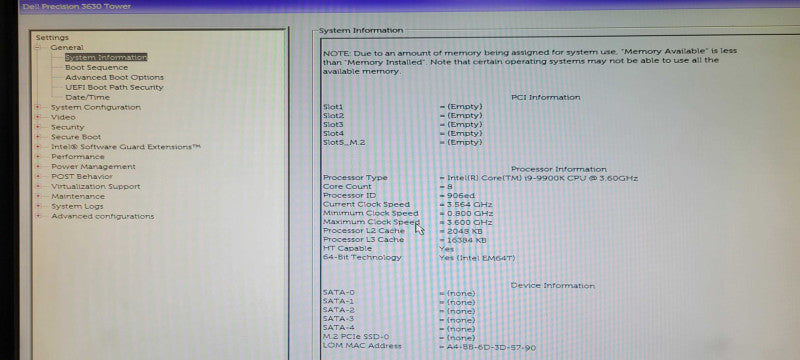 Dell Precision 3630 Tower PC, Core I9-9900K 3.6GHz, 32GB DDR4, No HDD _