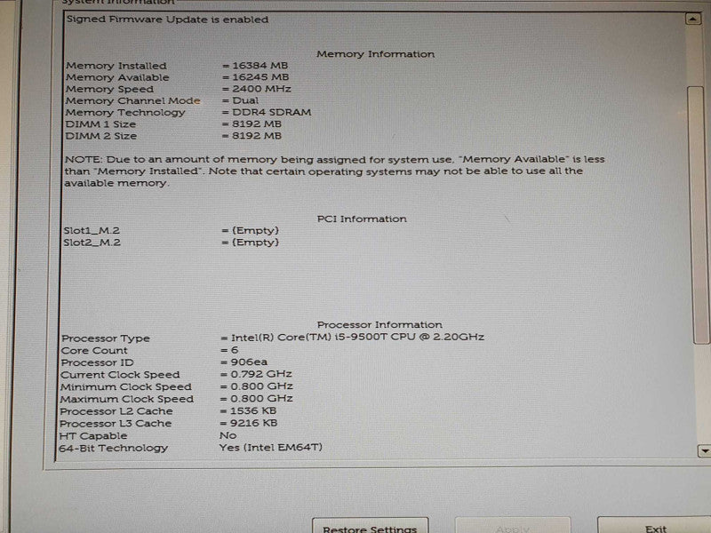 Dell Optiplex 5070 Micro i5- 9500T CPU @ 2.20GHz 16GB DDR4