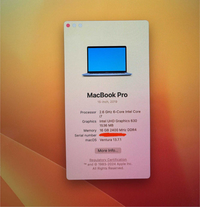 Apple MacBook Pro 15" 2019 TouchBar i7-9750H Radeon PRO 555X 16GB RAM 512SSD