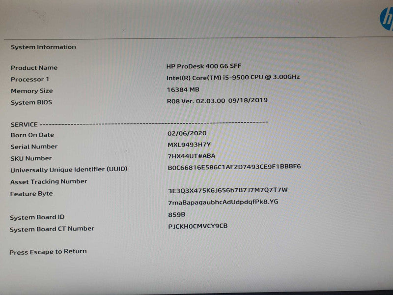 HP ProDesk 400 G6 SFF, i5-9500 CPU @ 3.00 GHz, 16GB DDR4
