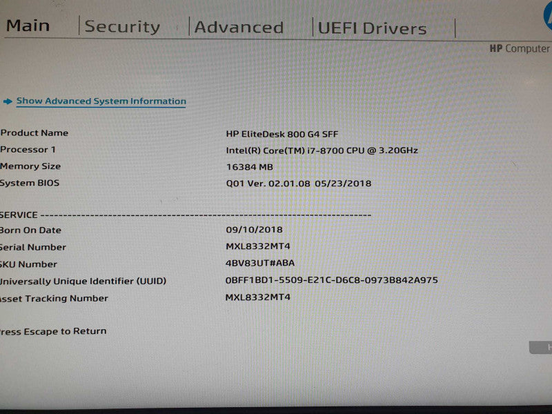 HP EliteDesk 800 G4 SFF | i7-8700 @ 3.2GHz | 16GB DDR4