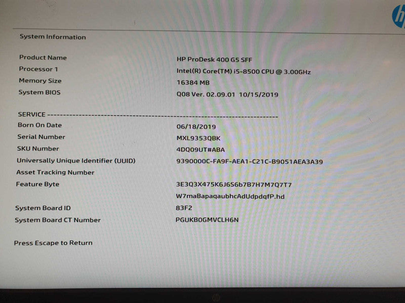HP ProDesk 400 G5 SFF | Intel i5-8500 @ 3.0GHz | 16GB RAM\t Q