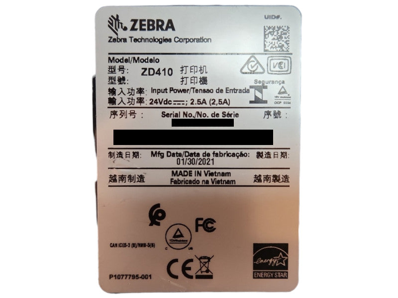 Zebra ZD410 Direct Thermal Label Printer USB Bluetooth w/ AC Adapter