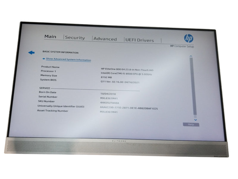 HP EliteOne 800 G4 AiO 23.8'' Intel i5-8500@3.0GHz 8GB DDR4 No-HDD/Stand