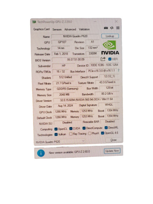 Nvidia Quadro P620 2GB GDDR5 PCIe x16 High Profile Video Card