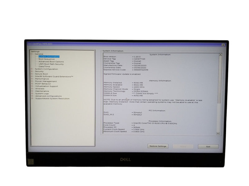 DELL OPTIPLEX 7470 AIO 23.8" Intel i3-9100 /8GB RAM /NO STAND /NO-OS