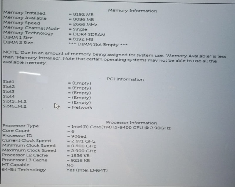 DELL VOSTRO 3670 INTEL CORE I5-9400 2.90GHZ 8GB RAM NO HD