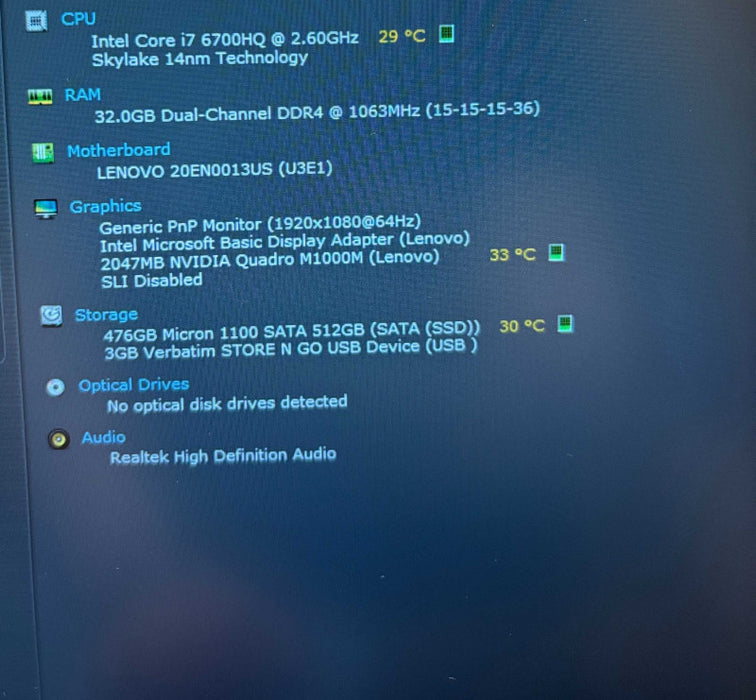 Lenovo ThinkPad P50 i7-6700HQ@2.6GHz QUADRO M1000M 2GB GPU 32GB RAM 512GB SSD  Lap200