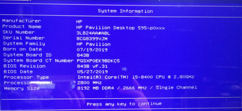 HP Pavilion Desktop 595-p0xxx Intel Core i5-8400@2.8GHz 8GB RAM NO-HDD/SSD