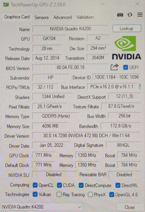 NVIDIA Quadro K4200 4GB GDDR5 Video Graphics Card  _