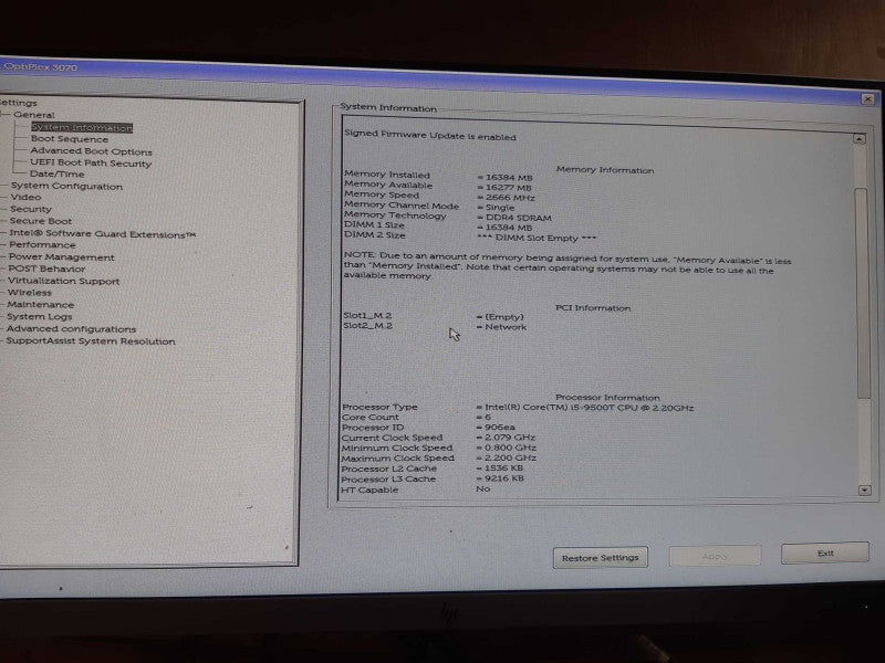 Dell Optiplex 3070 MFF Core i5-9500T @2.20GHz,  16GB DDR4 RAM, No HDD