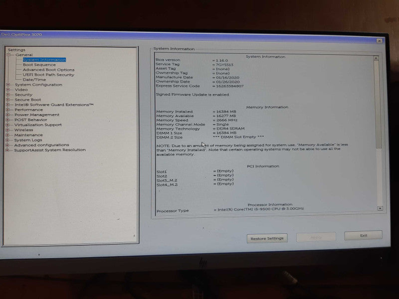 Dell Optiplex 3070, i5-9500 @ 3.00 GHz, 16GB DDR4, No HDD Q