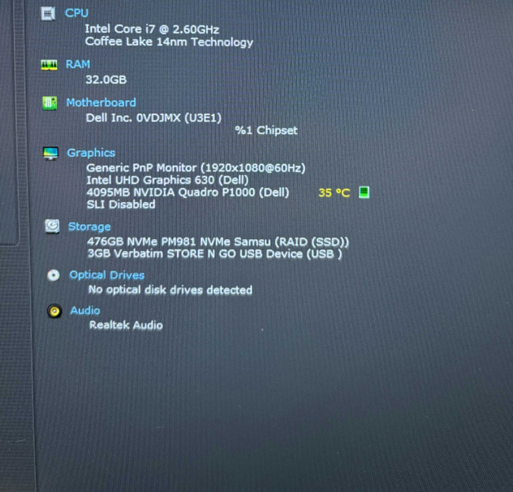 Dell Precision 5530 i7-8850H@2.6GHz QUADRO P1000 4GB GPU 32GB RAM 512GB SSD Q Lap200