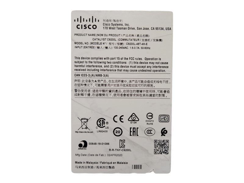Cisco C9200L-48T-4X-E, Catalyst 9200L 48-port Data 4x10G uplink, 1x PSU