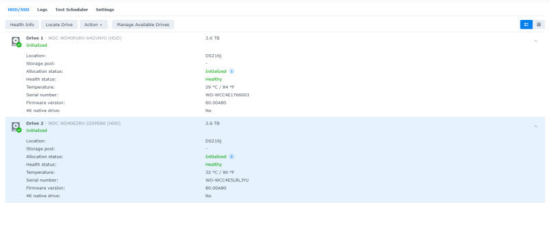 Synology DS216j 2 bay NAS DiskStation w/ 8TB (2x 4TB HDDs), No PWR