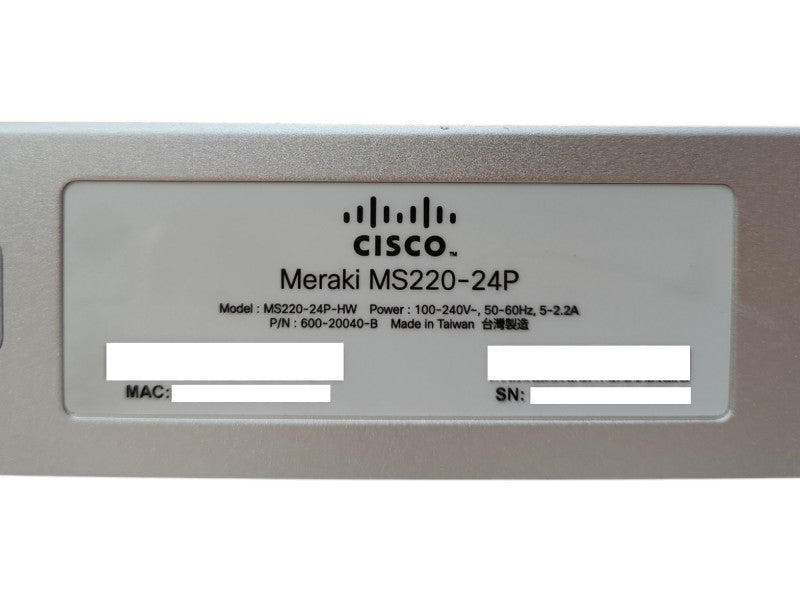 Cisco Meraki MS220-24P, 24-Port Gigabit PoE Switch, 4x SFP, Unclaimed