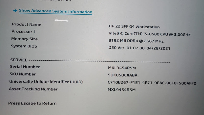 HP Z2 G4 SFF desktop Workstation i5-8500@3.0GHz 8GB RAM NO-HDD/SSD
