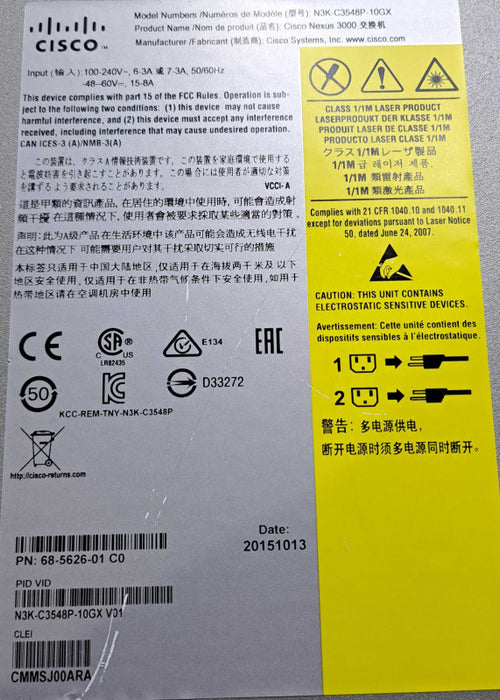 Cisco Nexus 3548-X | 48-Port 10G SFP+ Switch w/ Dual AC | N3K-C3548P-10GX