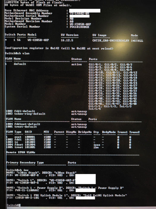 Cisco WS-C3850-48F-S 48 Port GB PoE+ 3850 Switch w/ C3850-NM-2-10G and 2x PSU Q$