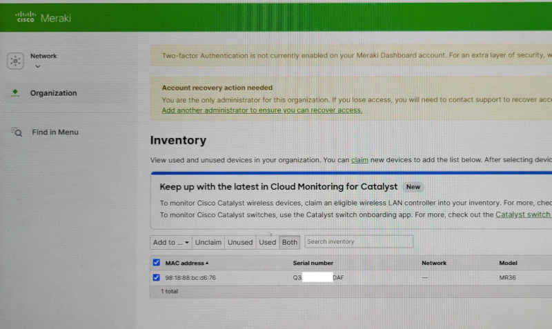 Cisco Meraki MR36-HW Cloud Managed Wireless Access Point Unclaimed _