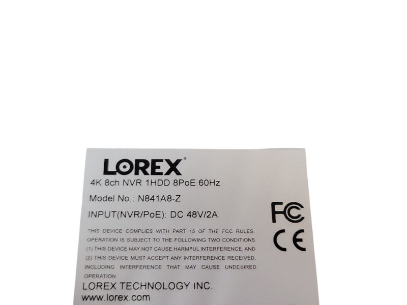 Lorex 4K 8Ch NVR 8PoE 60Hz N841A8-Z, No HDD, READ _