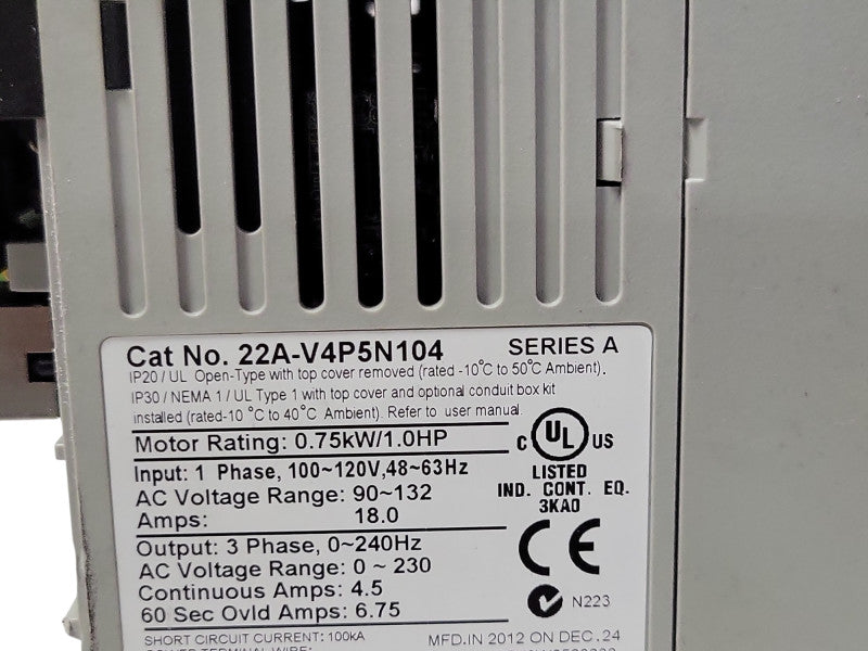 Allen Bradley 22A-V4P5N104 PowerFlex 3PH 0.75KW/.01HP, READ _