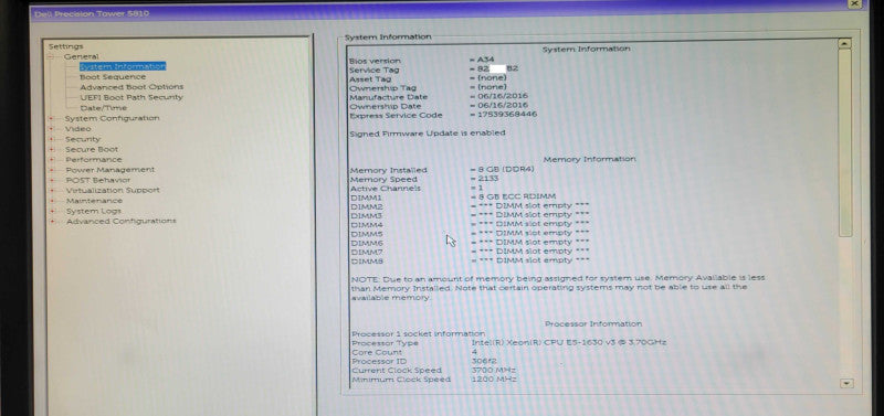 Dell Precision T5810 Xeon E5-1630v3 3.70GHz, 8GB RAM, Quadro K620, 825W PSU _