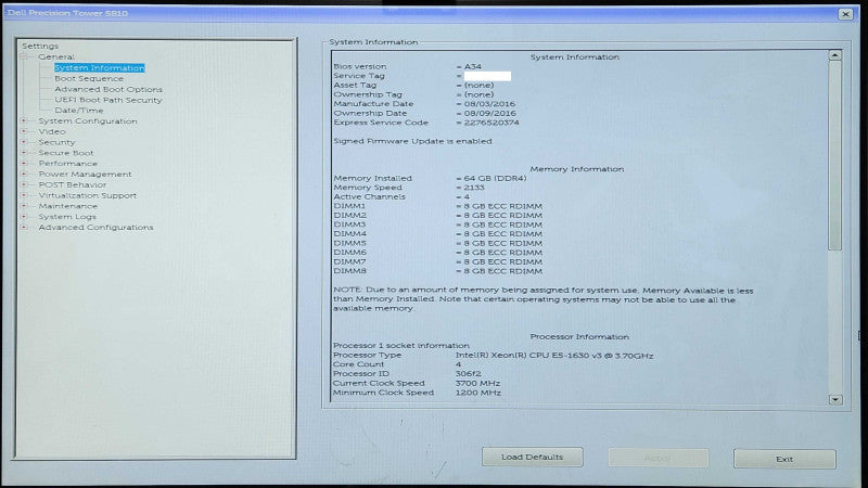 DELL Precision Tower 5810, Xeon E5-1630 v3 3.70GHz, 64GB DDR4, No HDD, No GPU