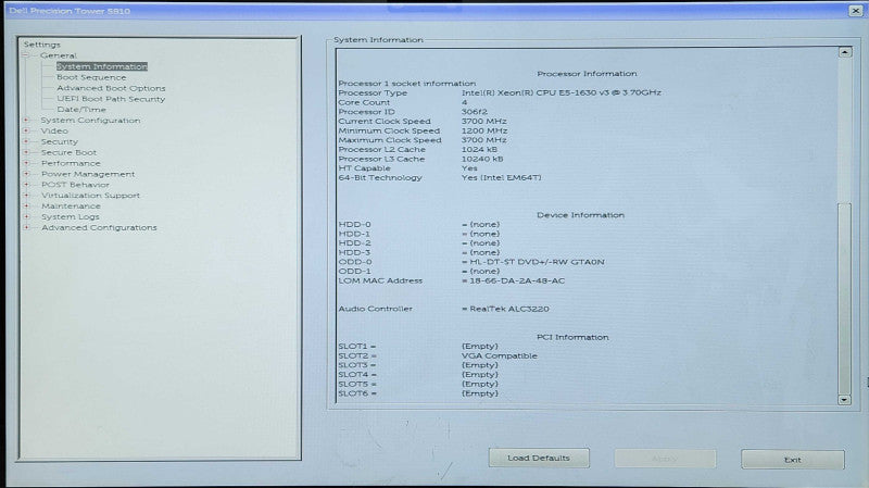 DELL Precision Tower 5810, Xeon E5-1630 v3 3.70GHz, 64GB DDR4, No HDD, No GPU