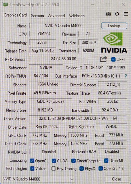 NVIDIA Quadro M4000, 8GB GDDR5 PCIe Graphics Card, 4x DisplayPort
