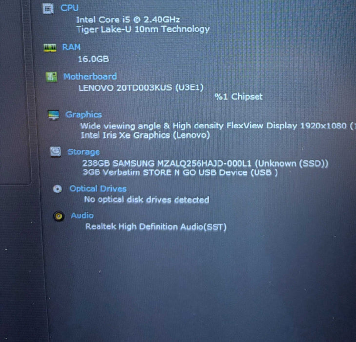 Lenovo ThinkPad E15 Intel Core i5-1135G7@2.4GHz 16GB DDR4 RAM 256GB NMMe SSD