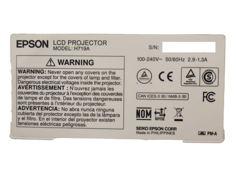 Epson H719A EX3240 3LCD 3000 Lumens Projector Lamp Hours: 0Hr w/ Remote & Bag