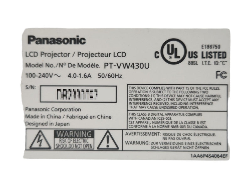Panasonic PT-VW430 WXGA 4300 Lumens Portable Projector, Lamp Hour: 626Hrs